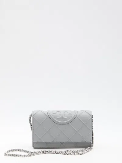 Tory Burch Fleming Soft Grained Chain Wallet In Gray