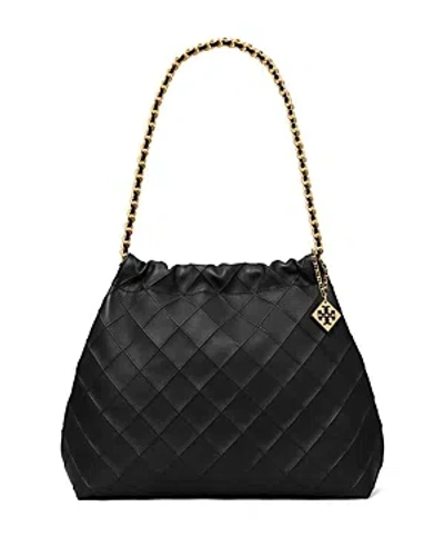 Tory Burch Fleming Black Diamond Quilted Shoulder Bag With Chain-link Handles In Leather Woman