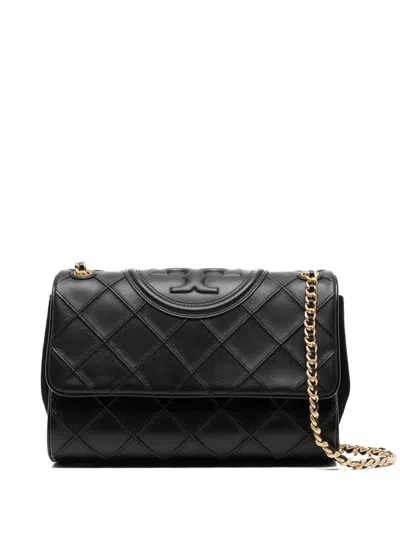 Tory Burch Fleming Woven Lambskin Convertible Shoulder Bag In Black