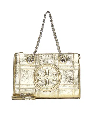 Tory Burch Fleming Soft Metallic Quilt Mini Chain Tote In Golden