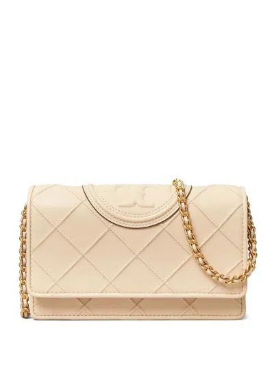 Tory Burch Fleming Soft Leather Wallet On A Chain In Beige