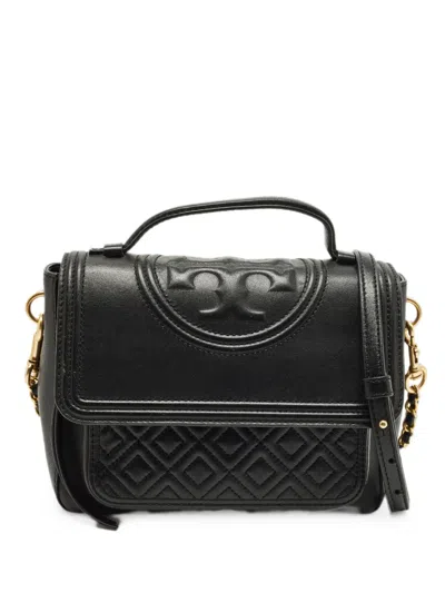 Pre-owned Tory Burch Fleming Stitched Top Tote Bag In Black