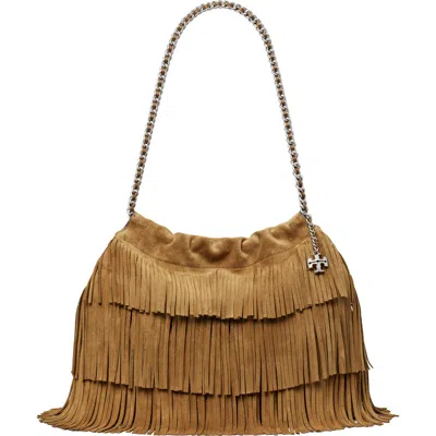 Tory Burch Fleming Suede Fringe Hobo Bag In Brown