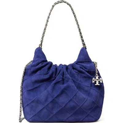 Tory Burch Mini Fleming Soft Suede Hobo Bag In Blue