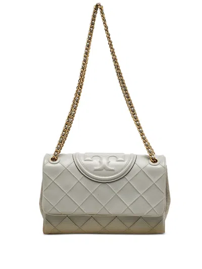 Pre-owned Tory Burch Flemming Diamond Quilted Leather Shoulder Bag In Gray