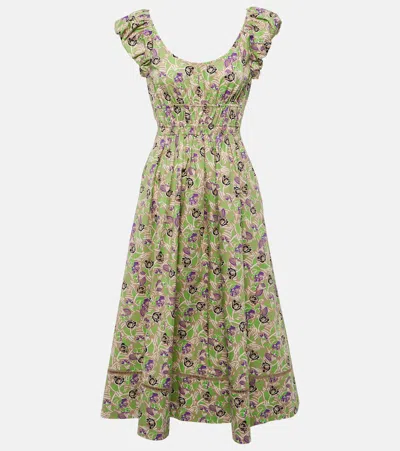 Tory Burch Floral Cotton Midi Dress In Green Scribble Floral