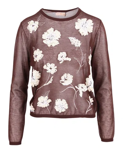 Tory Burch Floral-embroidered Knitted Top In Multicolor