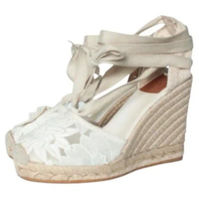 Pre-owned Tory Burch , Floral Espadrille Wedge In Sand