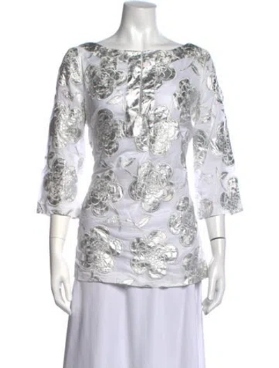 Pre-owned Tory Burch Floral Print Bateau Neckline Blouse W/ Tags In Metallic/white