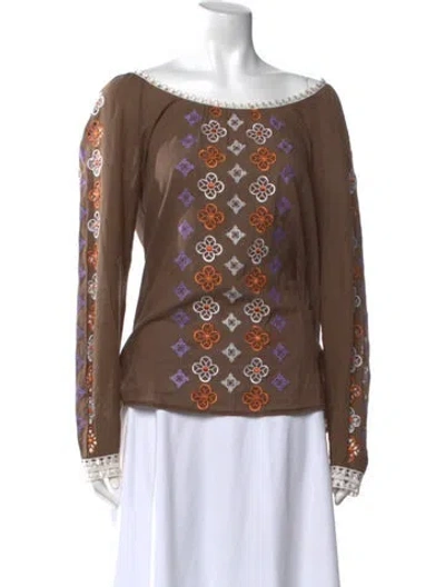 Pre-owned Tory Burch Floral Print Bateau Neckline Top In Brown