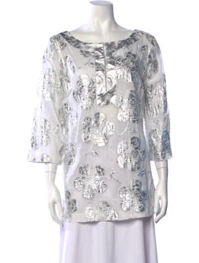 Pre-owned Tory Burch Floral Print Bateau Neckline Tunic W/ Tags In Silver