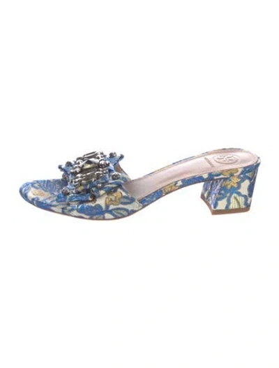 Pre-owned Tory Burch Floral Print Bow Accents Slides In Blue/neutrals