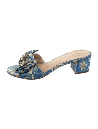 Pre-owned Tory Burch Floral Print Bow Accents Slides In Blue/neutrals