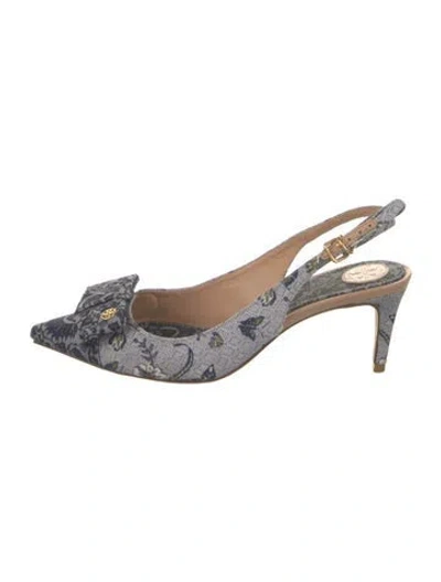 Pre-owned Tory Burch Floral Print Bow Accents Slingback Pumps In Blue