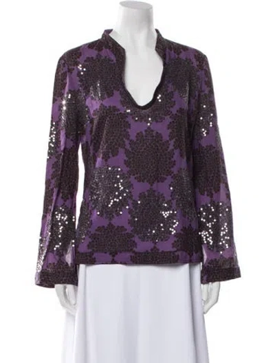 Pre-owned Tory Burch Floral Print Cowl Neck Blouse In Purple