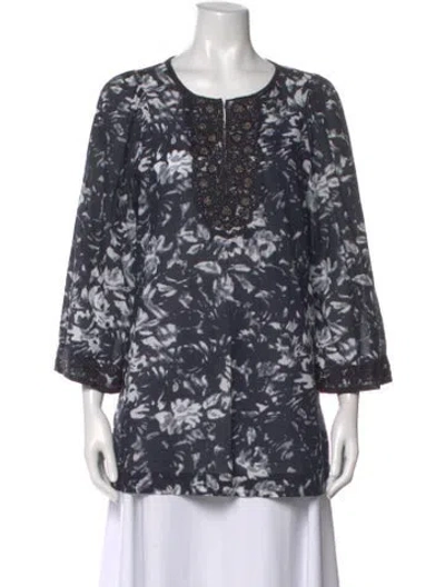 Pre-owned Tory Burch Floral Print Crew Neck Blouse In Blue