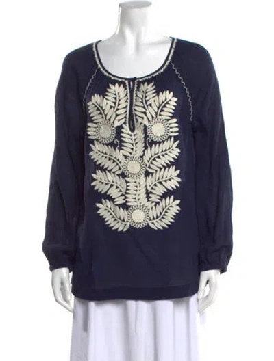 Pre-owned Tory Burch Floral Print Crew Neck Blouse In Blue