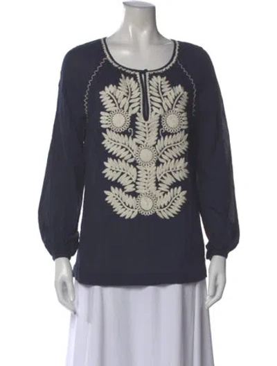 Pre-owned Tory Burch Floral Print Crew Neck Blouse In Blue