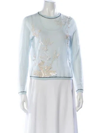 Pre-owned Tory Burch Floral Print Crew Neck Top In Blue