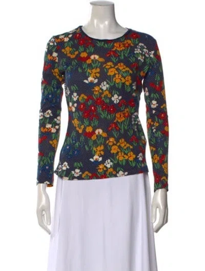 Pre-owned Tory Burch Floral Print Crew Neck Top In Blue