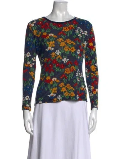 Pre-owned Tory Burch Floral Print Crew Neck Top In Blue