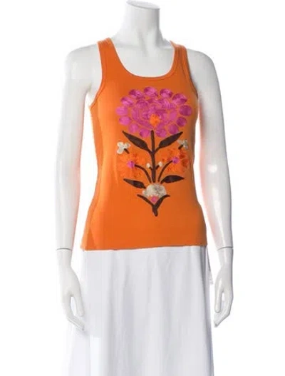 Pre-owned Tory Burch Floral Print Crew Neck Top In Orange