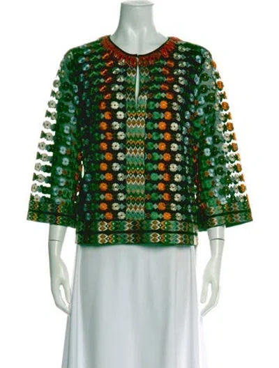 Pre-owned Tory Burch Floral Print Crew Neck Top W/ Tags In Green