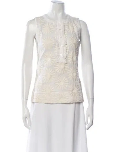 Pre-owned Tory Burch Floral Print Crew Neck Top In White