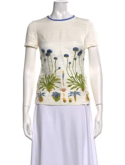 Pre-owned Tory Burch Floral Print Crew Neck T-shirt In Neutrals/white