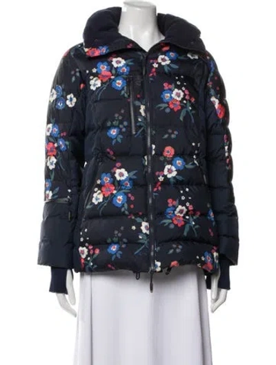 Pre-owned Tory Burch Floral Print Down Jacket In Blue