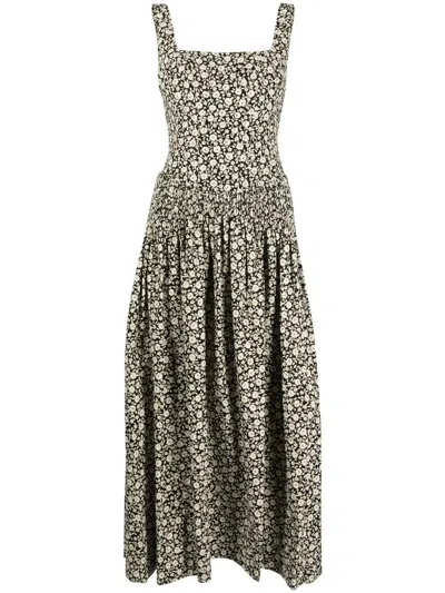 Tory Burch Silk Taffeta Corset Dress With Floral Print In Black,beige