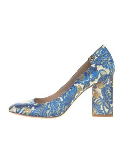 Pre-owned Tory Burch Floral Print Glitter Accents Pumps In Blue