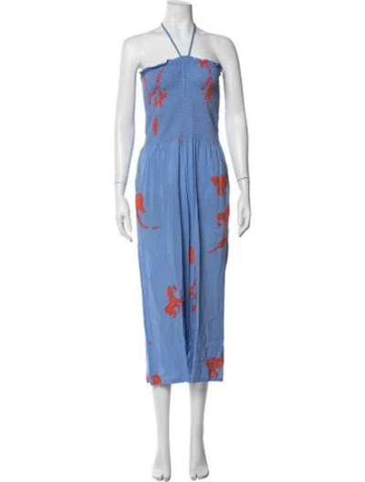 Pre-owned Tory Burch Floral Print Halterneck Jumpsuit In Blue