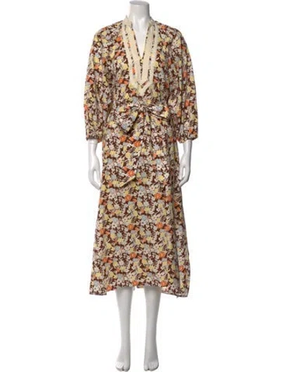 Pre-owned Tory Burch Floral Print Long Dress In Brown