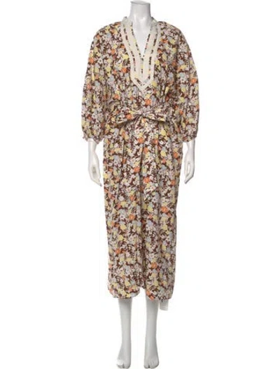 Pre-owned Tory Burch Floral Print Long Dress In Brown