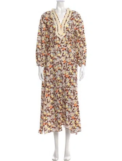 Pre-owned Tory Burch Floral Print Long Dress In Brown