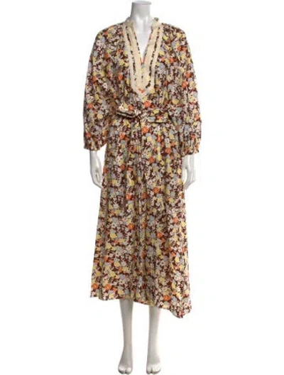 Pre-owned Tory Burch Floral Print Long Dress In Brown