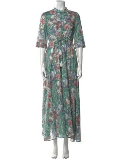 Pre-owned Tory Burch Floral Print Long Dress W/ Tags In Green