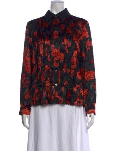Pre-owned Tory Burch Floral Print Long Sleeve Blouse In Black/red