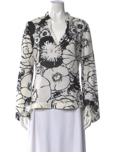 Pre-owned Tory Burch Floral Print Long Sleeve Blouse In Black/white