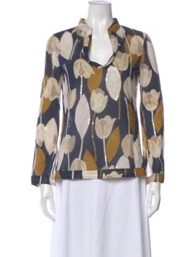 Pre-owned Tory Burch Floral Print Long Sleeve Blouse In Blue