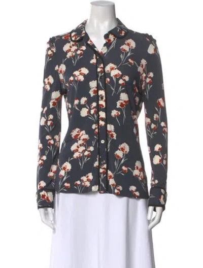 Pre-owned Tory Burch Floral Print Long Sleeve Blouse In Blue