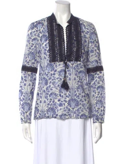 Pre-owned Tory Burch Floral Print Long Sleeve Blouse In Blue
