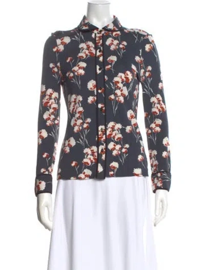 Pre-owned Tory Burch Floral Print Long Sleeve Blouse In Blue