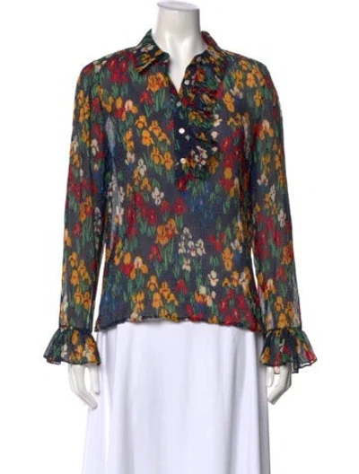 Pre-owned Tory Burch Floral Print Long Sleeve Blouse In Blue