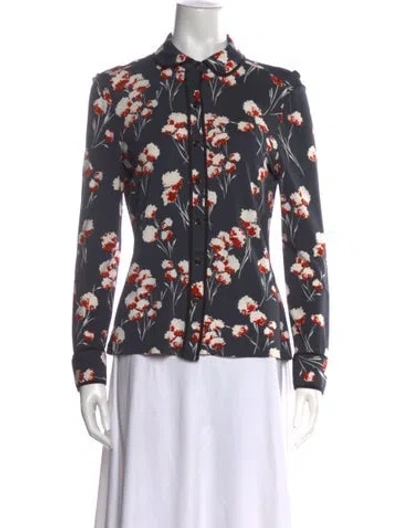Pre-owned Tory Burch Floral Print Long Sleeve Blouse In Blue