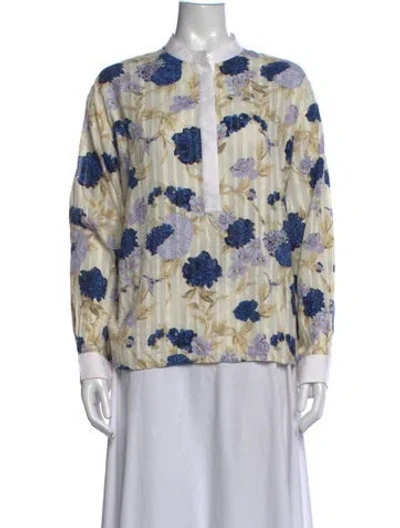 Pre-owned Tory Burch Floral Print Long Sleeve Blouse In Blue