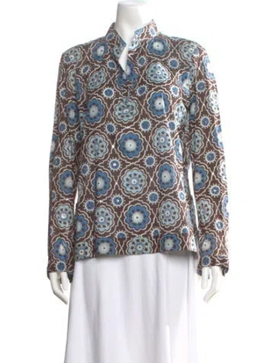 Pre-owned Tory Burch Floral Print Long Sleeve Blouse In Brown