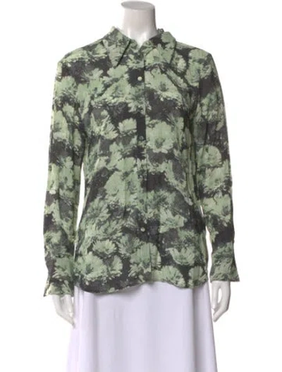 Pre-owned Tory Burch Floral Print Long Sleeve Blouse In Green