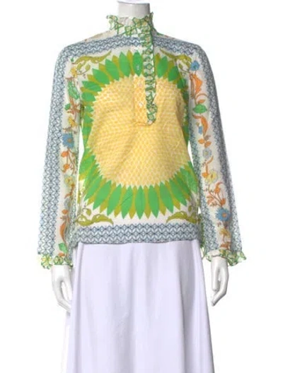 Pre-owned Tory Burch Floral Print Long Sleeve Blouse In Green